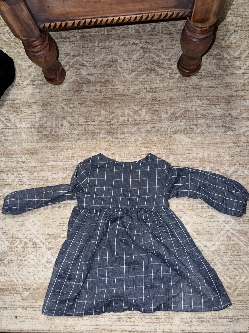 Navy Windowpane Button-Front Dress with Flower Accent